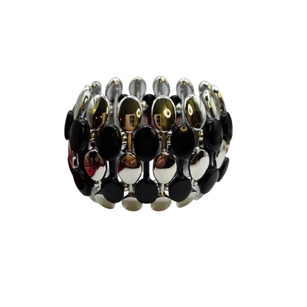 Bracelet Vintage Stretch Cuff 7.5" Black Silver Tone Oval Acrylic Beads SKU2869